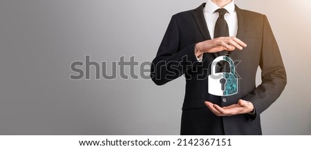 Cyber security network. Padlock icon and internet technology networking. Businessman protecting data personal information,virtual interface. Data protection privacy concept. GDPR. EU.digital crime.