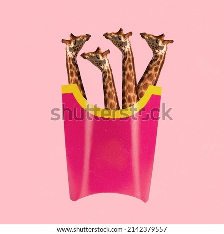 Contemporary art collage. Creative image with giraffes in image of fries isolated over pink background. Junk food love. Delicious taste. Concept of creativity, ad, imagination, surrealism