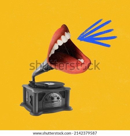 Contemporary art collage. Female mouth shouting, singing from retro gramophone isolated over bright yellow background. Concept of surrealism, creativity, dreams, music, imagination, ad