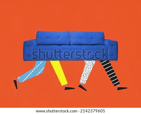 Contemporary art collage. Blue sofa running on human legs. Conceptual surreal image. Moving to another flat. Chores, difficulties. Concept of creativity, imagination, artwork, ad