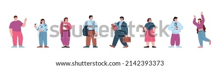 Chubby women and men with plus-size bodies in modern casual wear. Diverse plump obese people cartoon characters, flat vector illustration isolated on white background. Royalty-Free Stock Photo #2142393373
