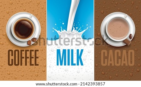Top view coffee and cocoa cup, milk splash. Coffee and milk background with many fresh drops