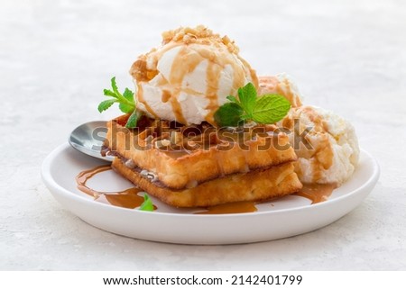 ice cream with waffles, caramel syrup and fresh mint on a white dish Royalty-Free Stock Photo #2142401799