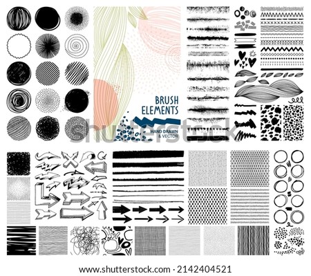 Vector set of grungy hand drawn textures. Lines, circles, crosses, smears, spirals, waves, brush strokes, triangles. Hand drawn elements for your graphic design