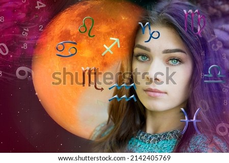 Portrait of a woman, numerology and astrological symbols
