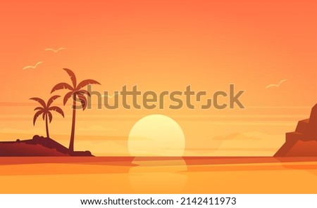 Sunset, sea beach and sun, ocean sunrise, palms Royalty-Free Stock Photo #2142411973