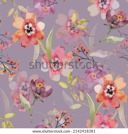Seamless pattern with watercolor flowers and leaves on a lilac background, hand painted.	
