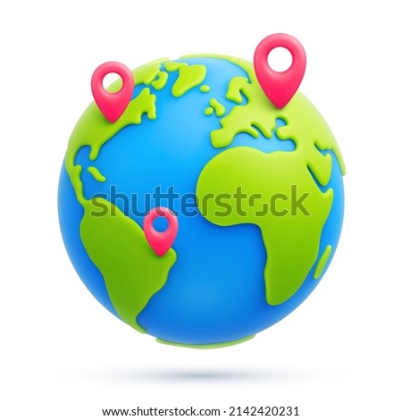 Cartoon planet Earth with red pointers 3d vector icon on white background. World traveling or GPS navigation concept. Vector illustration