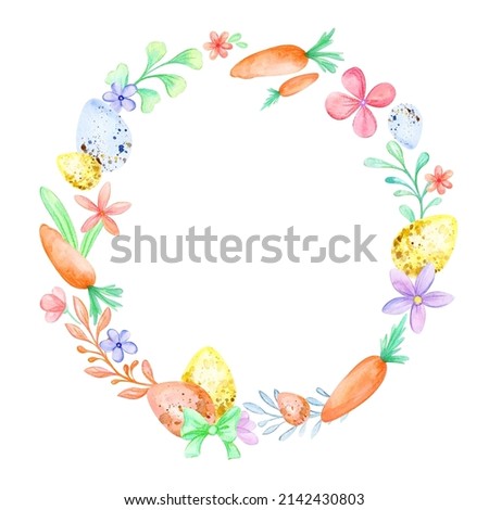 Easter wreath.  Flowers, carrots, painted eggs. Spring Watercolor illustration. Hand-painted watercolor. Delicate pastel colors. Colorful illustration on a white background.