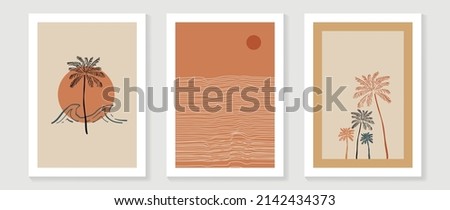 Abstract line art beach wall art template. Vintage wallpaper design with coconut tree, sun, sea wave, beach in minimal style. Ocean painting for summer season, wall decoration, interior, background.