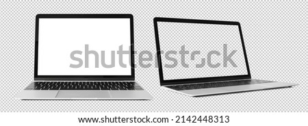 Mockup of laptop computers. Front and side views with empty blank screens. Transparent pattern background. Royalty-Free Stock Photo #2142448313