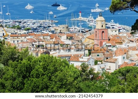 Typical view over the bell tower of Notre Dame de l’Assomption Church, Saint Tropez, Var, Provence  region, France Royalty-Free Stock Photo #2142454379