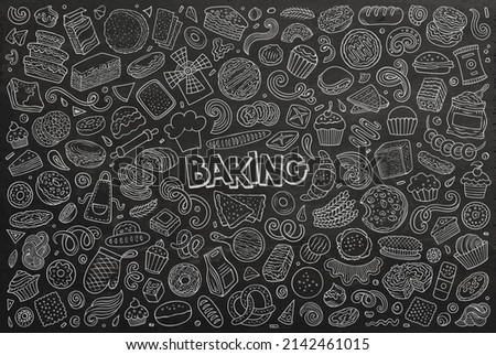 Chalk board vector hand drawn doodle cartoon set of bakery theme items, objects and symbols