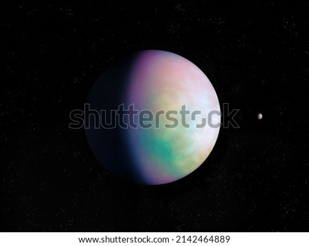 Amazing exoplanet, sci-fi background. Planet with atmosphere and solid surface in space. Alien planet in bright colors 3d rendering.
