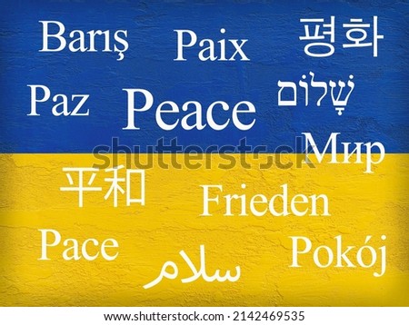 Stand with Ukraine: word Peace in several languages on Ukrainian flag painted on stone wall