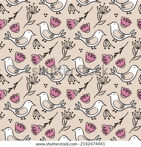 Seamless pattern of hand-drawn birds and flowers. Cute doodle background. Vector illustration for spring projects, easter, weddings.