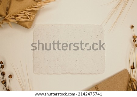 Handmade paper mockup, dried flowers, beige aesthetic background