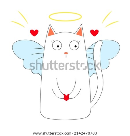 Angel cat. Cute cartoon character in doodle style. Vector illustration isolated on white background