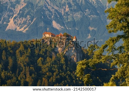 Bled Castle on top of a mountain, built above the city of Bled in Slovenia, overlooking Lake Bled