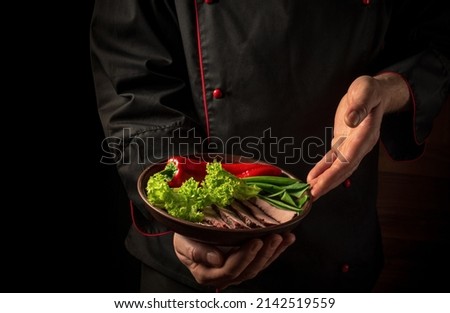 In professional chef hand is a plate with chopped steak and vegetables. The concept of cooking on a dark background. Asian cuisine