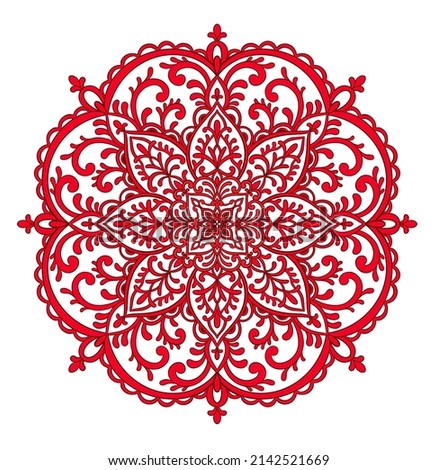 Embroidered mandala design. Needlework floral round composition, embroidery template. red floral embroidery  on white background. round folk art pattern. Retro cute floral design, Nordic  ornament