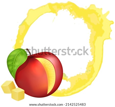 Fresh juice stain, splashes and drops near ripe peach with pulp vector illustration. High quality abstract texture for menu, bar, cafe, restaurant. Fruit, peach fresh stain, trace round shape