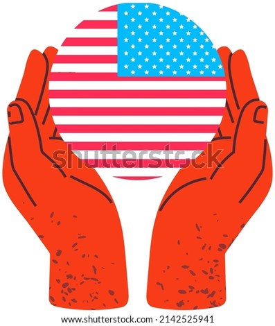 Hands hold round flag of america. Symbolism, traditional symbols of country. USA badge, american logo. Flag as symbol of United States of America. National sign of country vector illustration