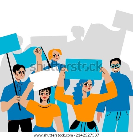 Multicultural group of protesters. Diverse dissenters group in cartoon style. Hand drawn rebel characters. Flat vector illustration