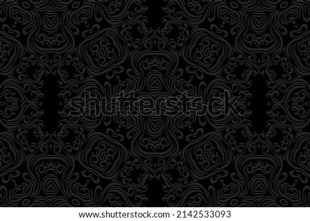 Vintage black background, cover design. Geometric trendy 3D pattern, ethnic texture. Creativity of the peoples of the East, Asia, India, Mexico, Aztecs, Peru.