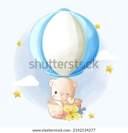 Cute bear floating on hot air balloon cartoon illustration