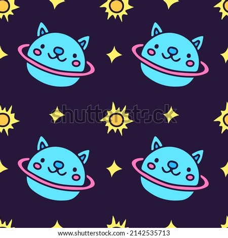 Cute cat planet with sun and stars on dark soft background seamless pattern. Modern vintage, pop art style seamless pattern concept.