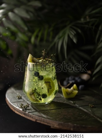 Refreshing summer cocktail with kiwi,blueberries and fresh thyme and palm leaves.Close up of juicy cocktail.