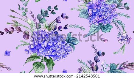 Vintage purple hydrangeas on a violet background in a seamless pattern for textiles and surface design