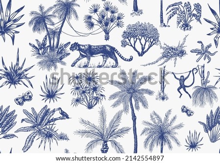Toile De Jouy banner. Wild tiger and exotic plants. Seamless pattern. Toucan bird and monkey. Exotic Tropical trees. Eastern landscape. Linear Jungle. Hand drawn sketch in vintage style.
