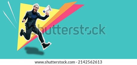 Funny portrait of an emotional running in the air guy with a megaphone. Collage in magazine style. Crazy emotions. Discount, sale season. Information concept. Attention news! Royalty-Free Stock Photo #2142562613