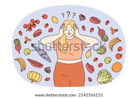 Fat woman feel confused with healthy products choice follow diet losing weight. Overweight girl stressed frustrated with vegetable organic food and meal. Weightloss. Vector illustration.  Royalty-Free Stock Photo #2142566155