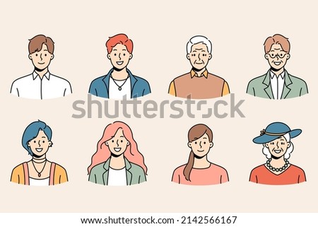 Set of diverse people of different ages and genders profile pictures. Collection of smiling young and old men and women avatar portraits and faces. Generation and diversity. Vector illustration. 