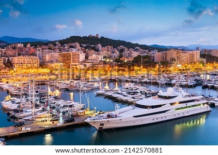 Palma de Mallorca, Spain skyline at the port with yachts in the early morning. Royalty-Free Stock Photo #2142570881