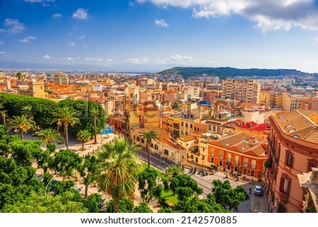 Cagliari, Sardinia, Italy cityscape from above in the morning. Royalty-Free Stock Photo #2142570885