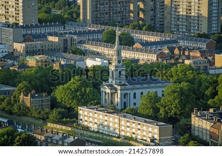Aerial view of the historic All Saints Church in Poplar, Tower Hamlets.  The church was built mostly in Georgian times and was badly damaged during the WWII Blitz.