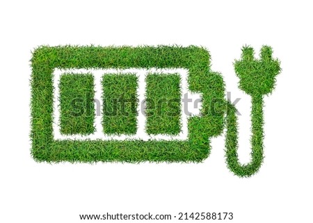 Battery icon from green grass. Eco charging icon isolated on white background. Symbol with the green lawn texture. Ecology symbol