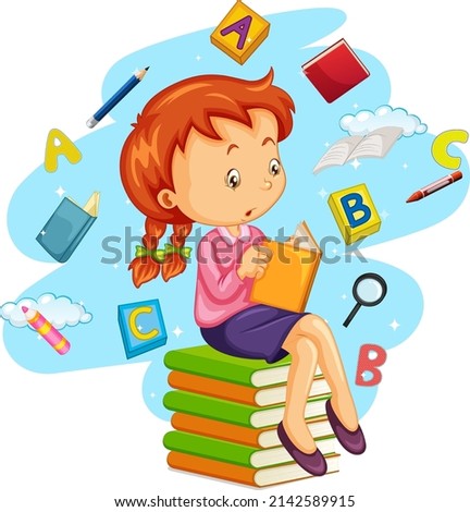 A girl reading books on white background illustration