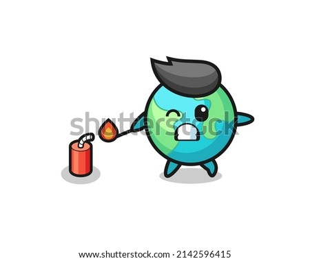 earth mascot illustration playing firecracker , cute design