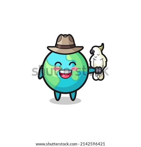earth zookeeper mascot with a parrot , cute design
