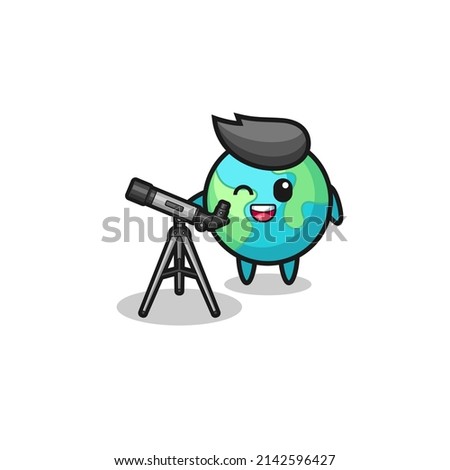 earth astronomer mascot with a modern telescope , cute design