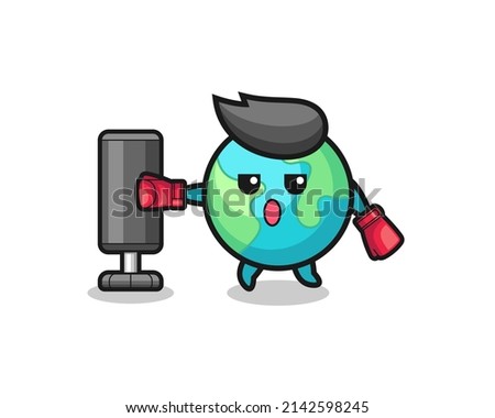 earth boxer cartoon doing training with punching bag , cute design