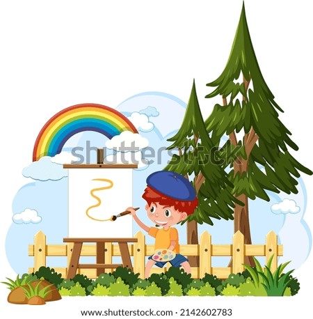 Isolated outdoor park with a boy drawing on canvas illustration