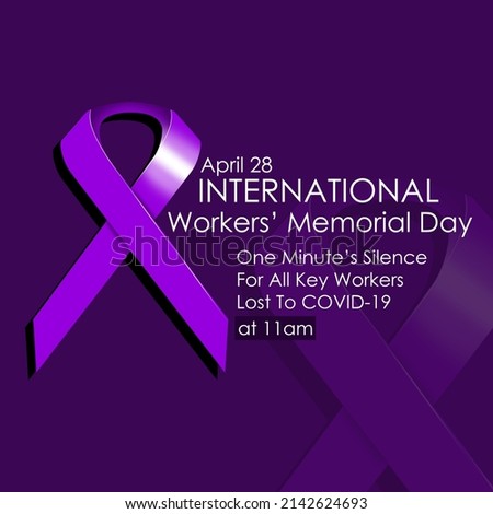 Purple ribbon with the words in memory of the workers isolated on purple background, Workers’ Memorial Day April 28