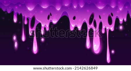 Pink slime dripping, liquid goo, syrup or mucus texture with drops falling down, jam, jelly, sticky ooze drops, horror background for Halloween, cartoon gelatin frame or border, Vector illustration Royalty-Free Stock Photo #2142626849