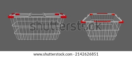 Shopping basket, empty supermarket metal cart with handles. Isolated customers equipment for purchasing in retail shop front and side view, grocery and store market, Realistic 3d vector illustration